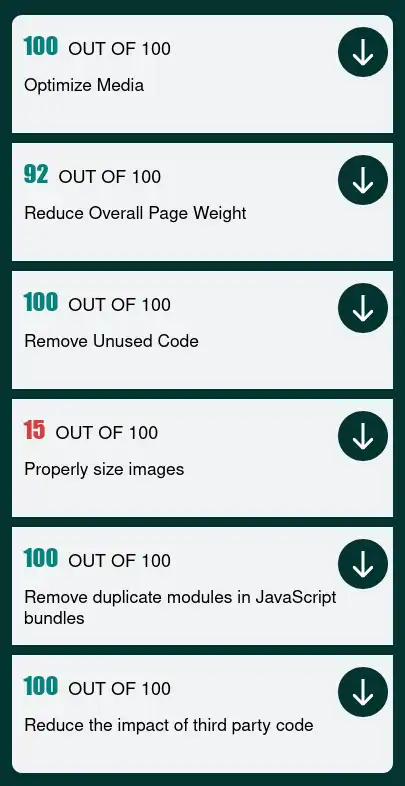 Tips like optimise media, remove unused code, properly size images, reduce 3rd party code.