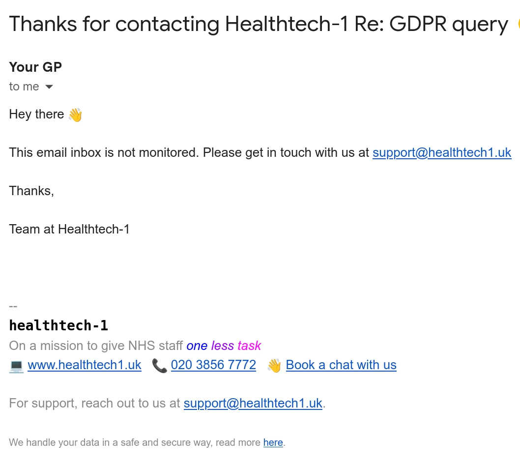 Hey there 👋 This email inbox is not monitored. Please get in touch with us at support@healthtech1.uk Thanks, Team at Healthtech-1
