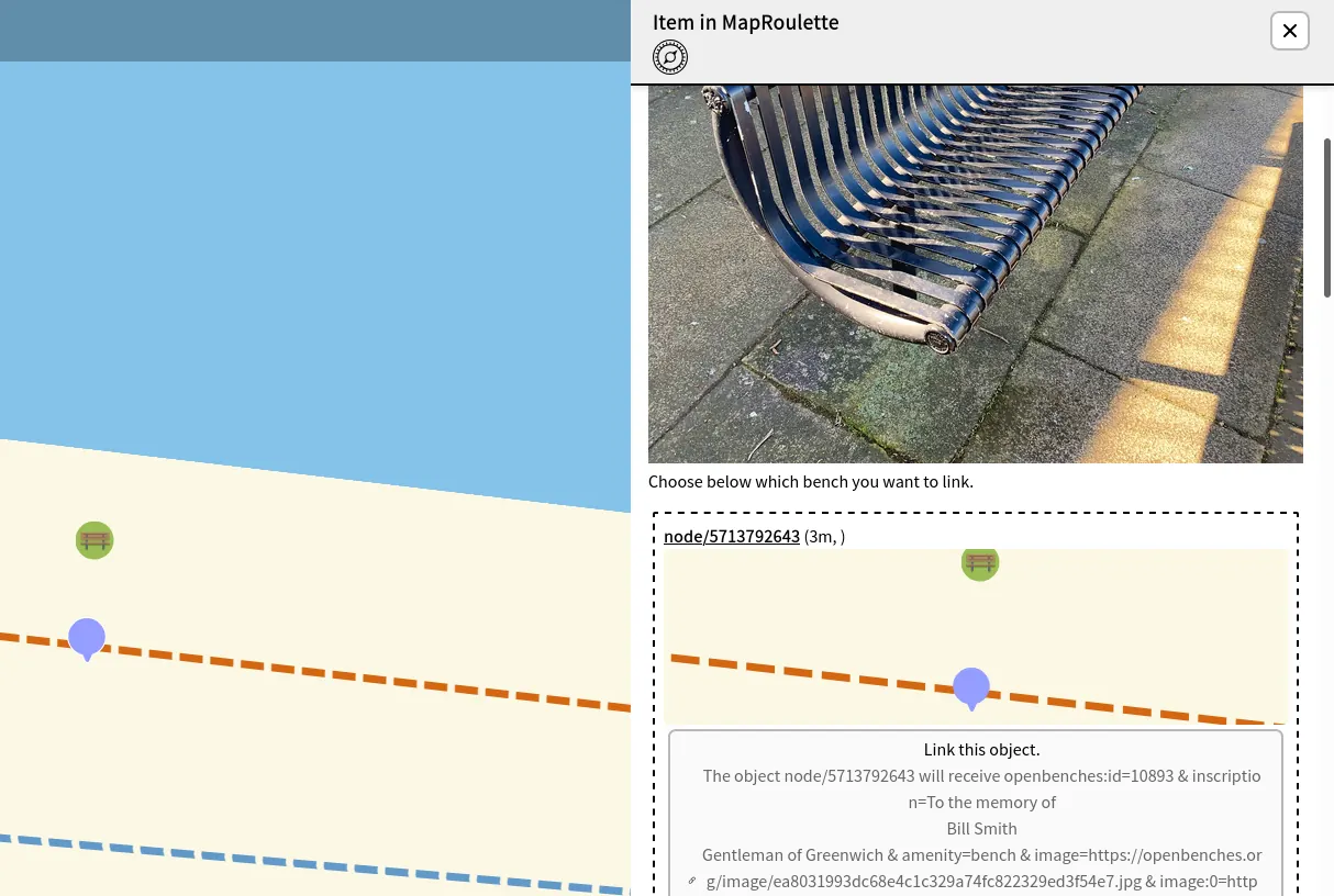MapComplete screenshot showing two benches being linked.