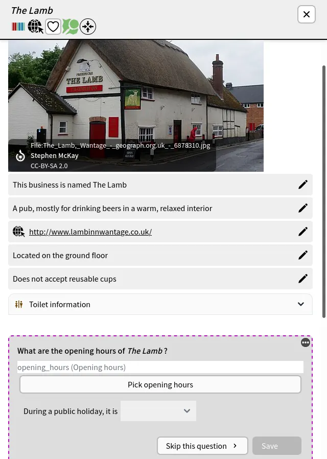 MapComplete screenshot with various questions about a pub.