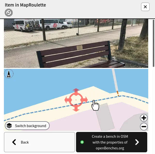 MapRoulette screenshot adding a new bench.