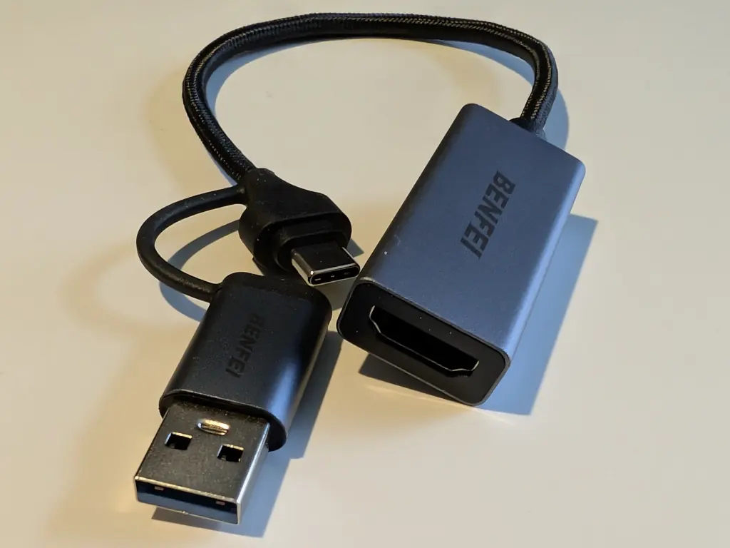 A short USB-C cable with an HDMI port.