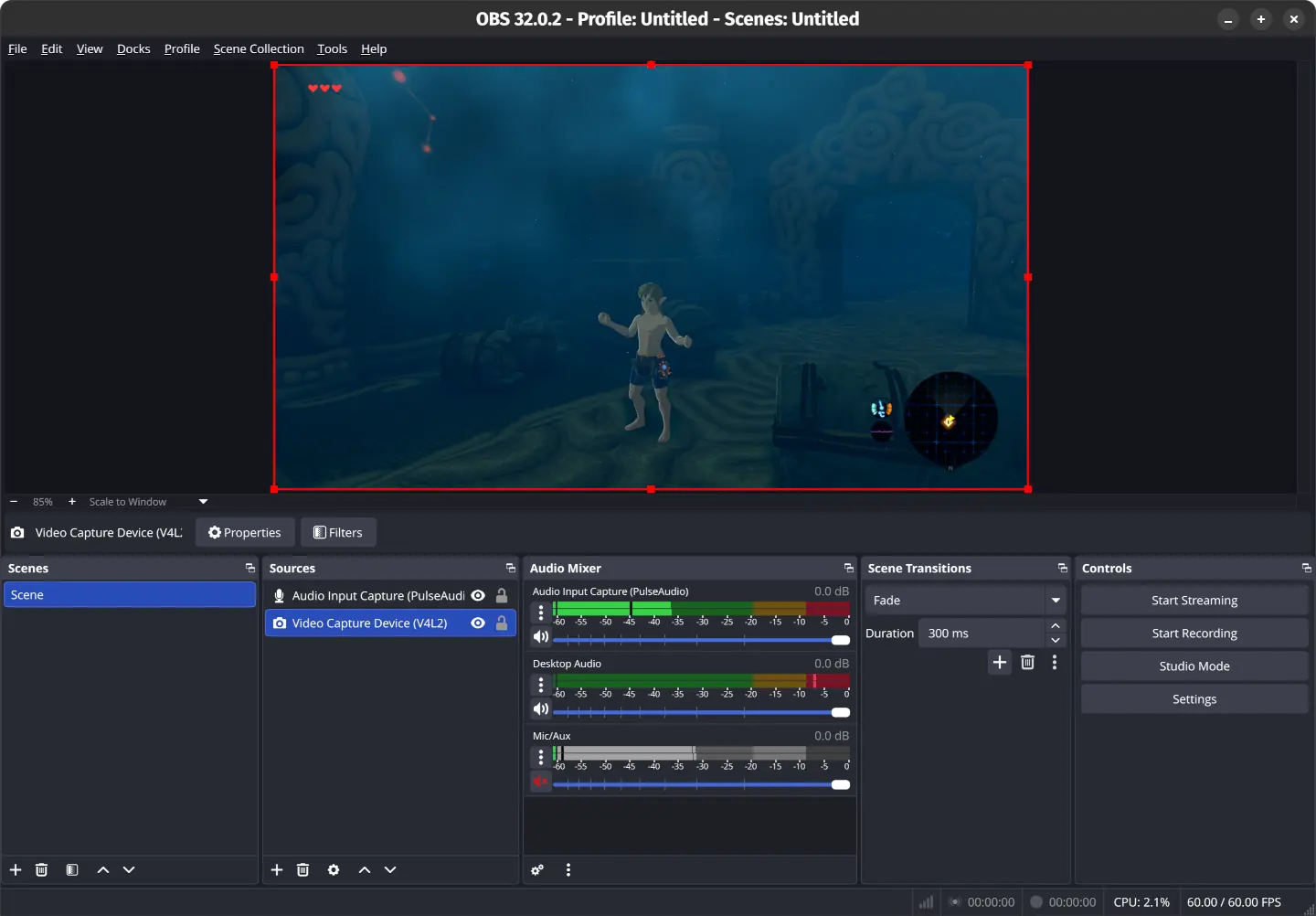 The OBS software showing video from a console.