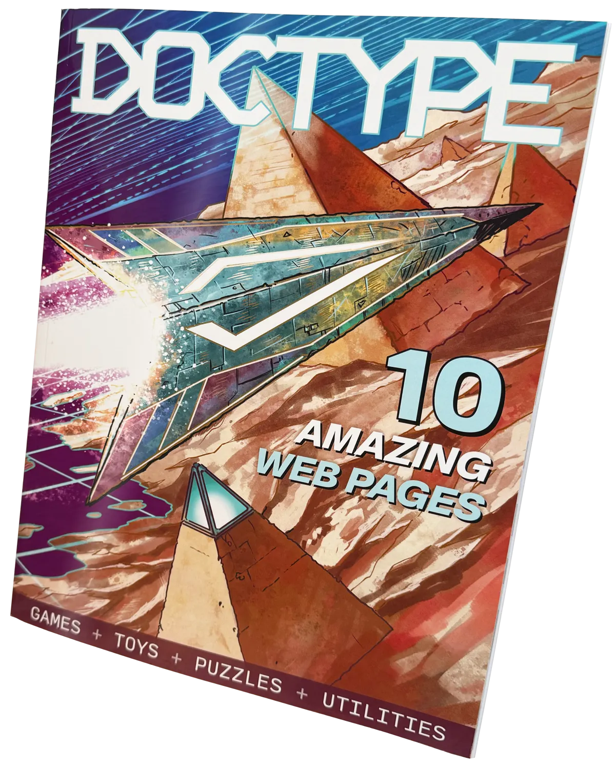 Magazine cover featuring a spaceship and pyramids. It says "10 amazing web pages".