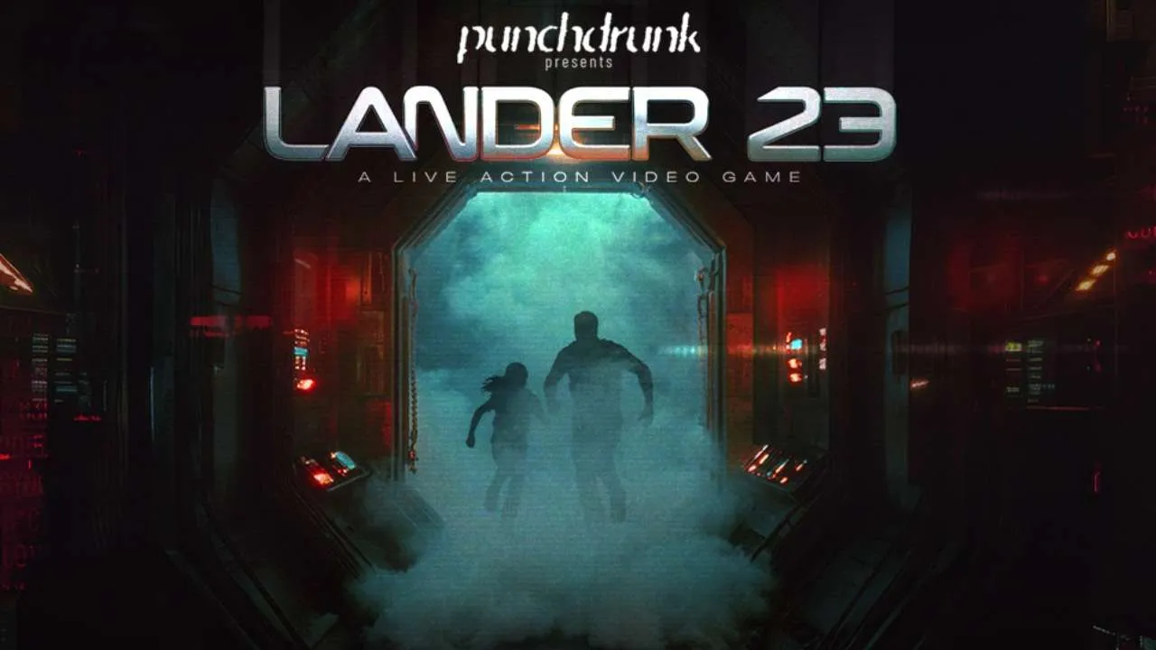 Poster featuring two people running through a smoke filled sci-fi corridor.