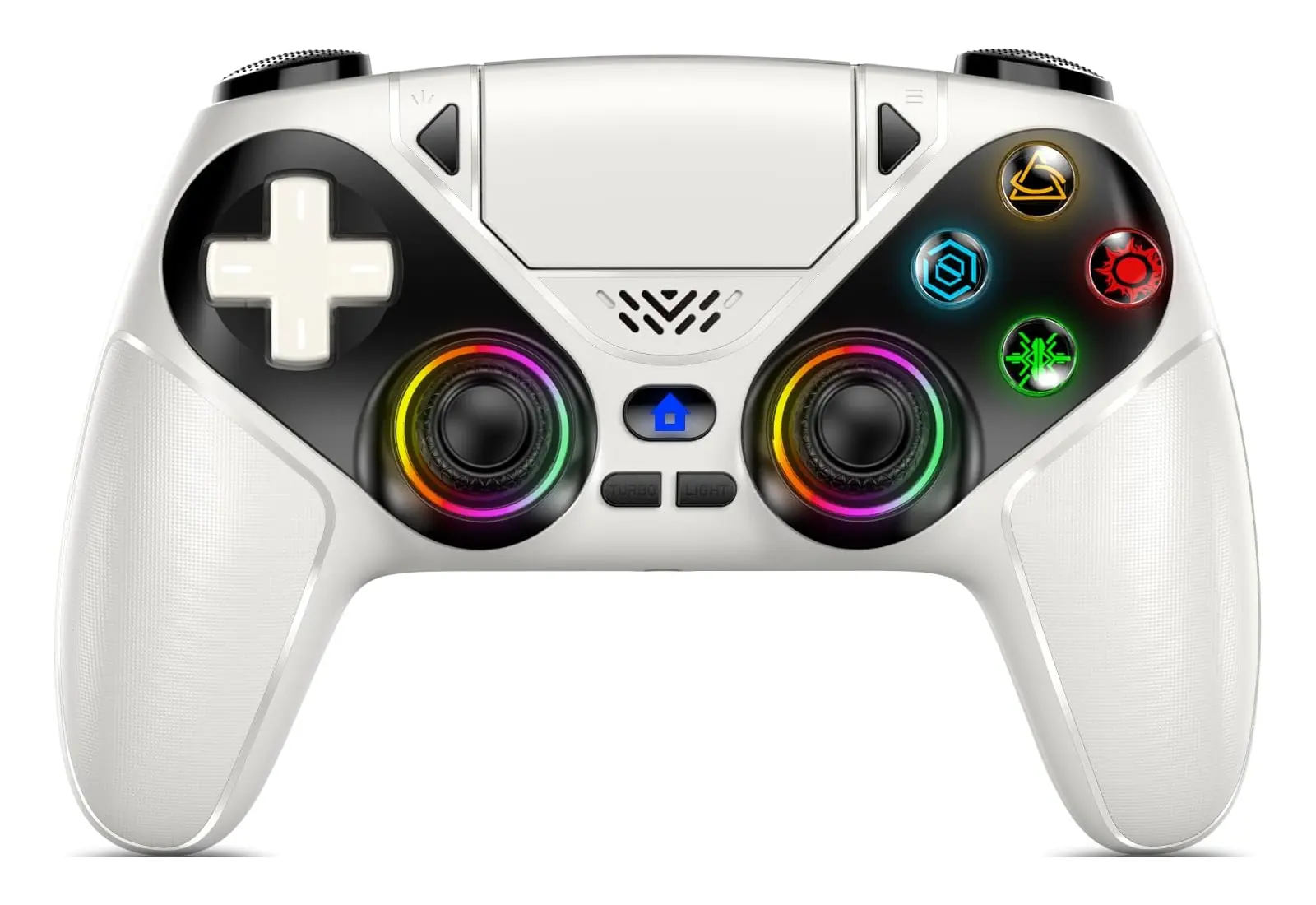 A console controller. It is white and has many flashing lights.
