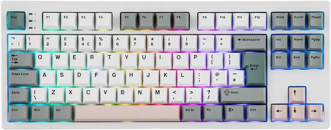 A keyboard with a UK layout and lots of colourful lights.