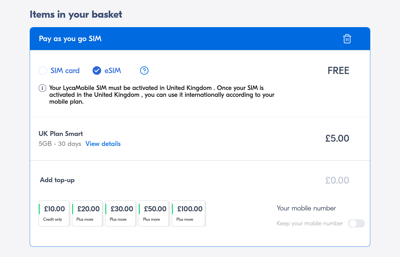 Screen with a £6 SIM in the basket.