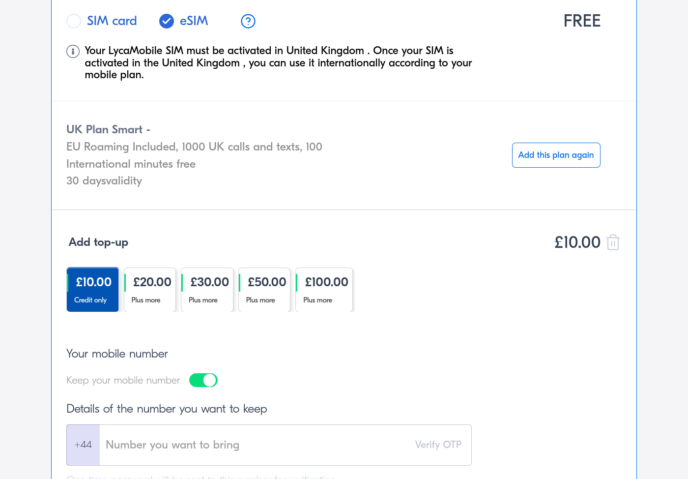 A screen letting you add a top up.
