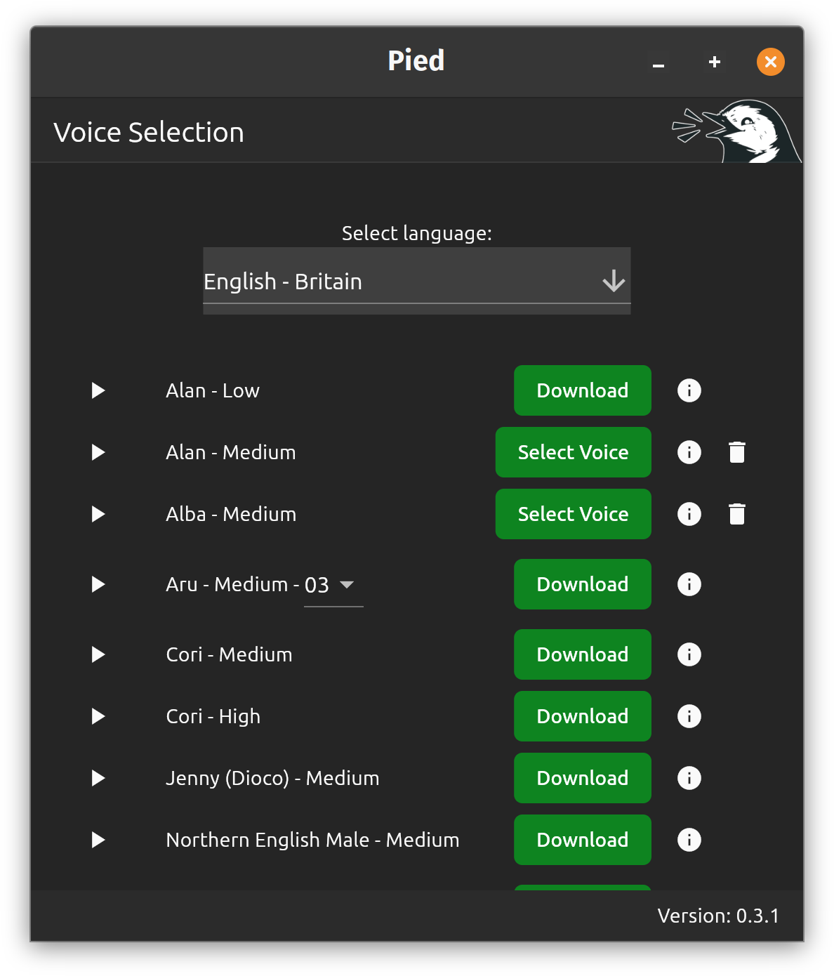 GUI showing various British English languages.