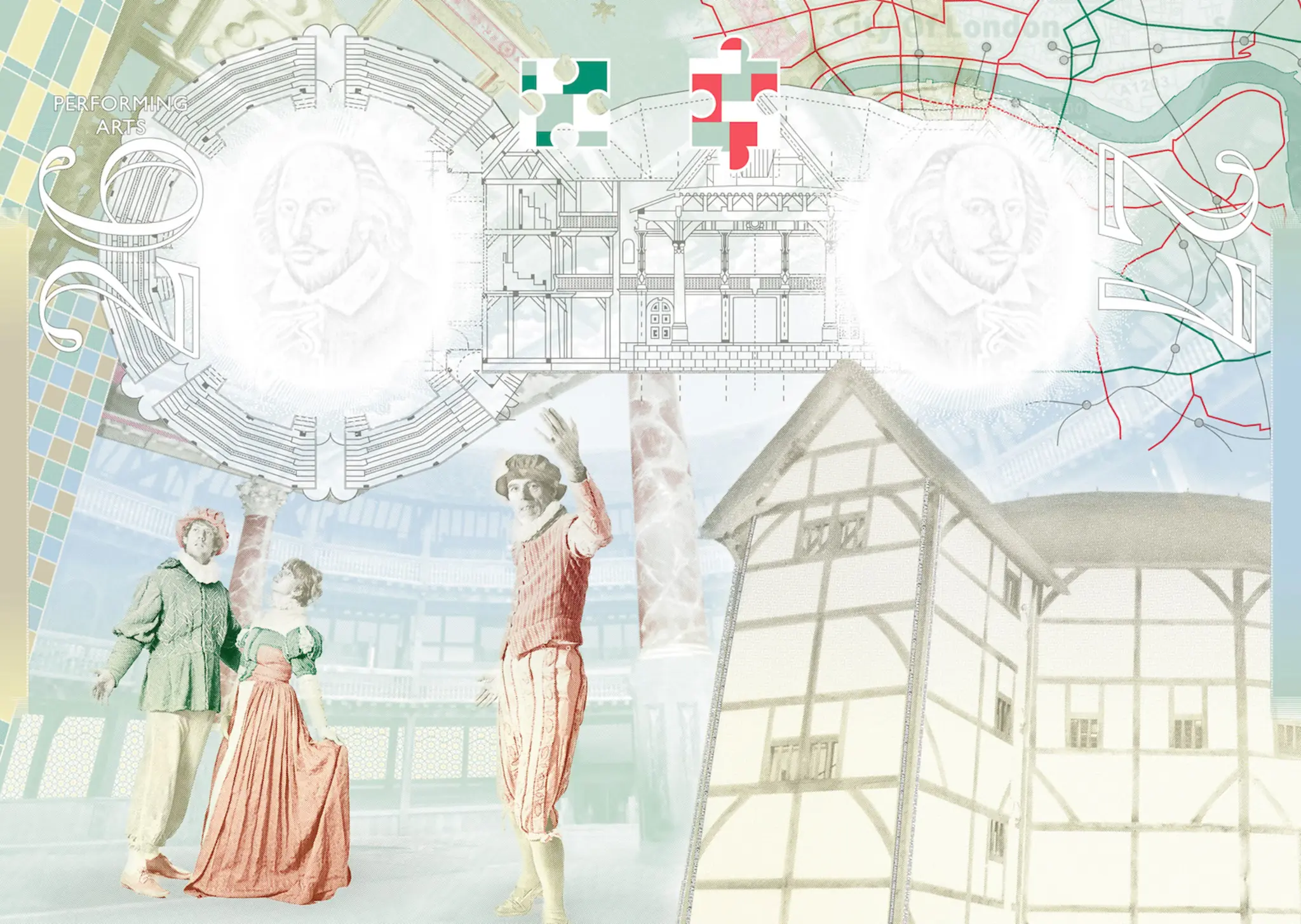 Passport page, richly illustrated, featuring Shakespeare's Globe. There are three actors in the corner.