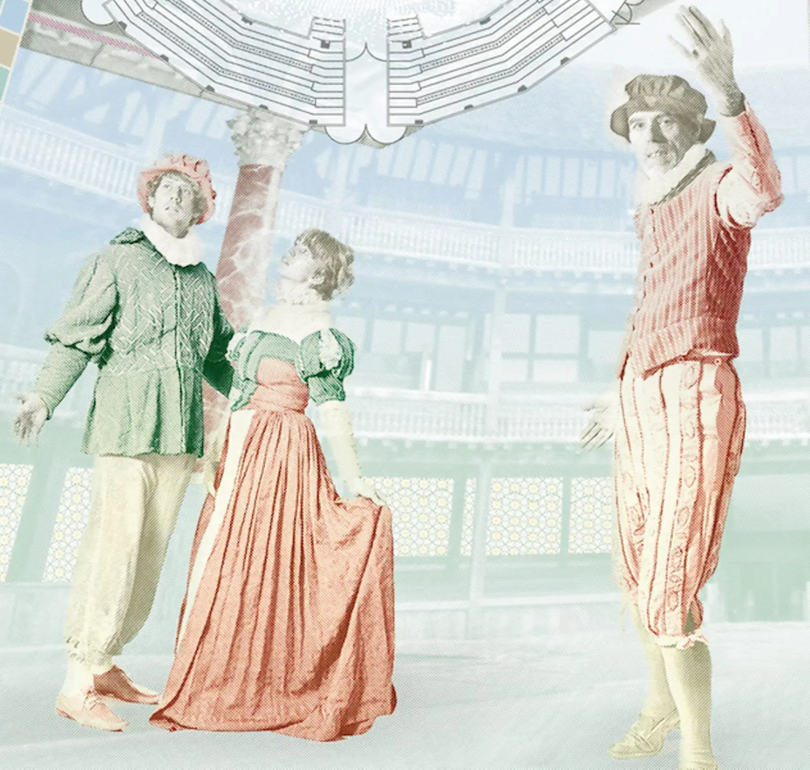 Close up of the actors. They are dressed in period costume and are emoting.