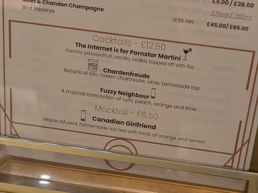 Cocktails include "The Internet is for pornstar martini" a "Chardenfreude" made with green chartreuse, a "fuzzy neighbour", and a mocktail called "Canadian Girlfriend".