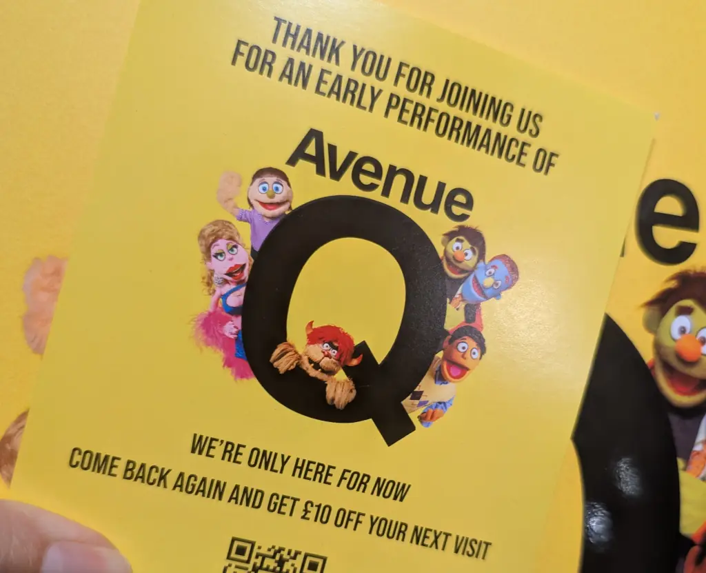 A leaflet offering a discount on Avenue Q.