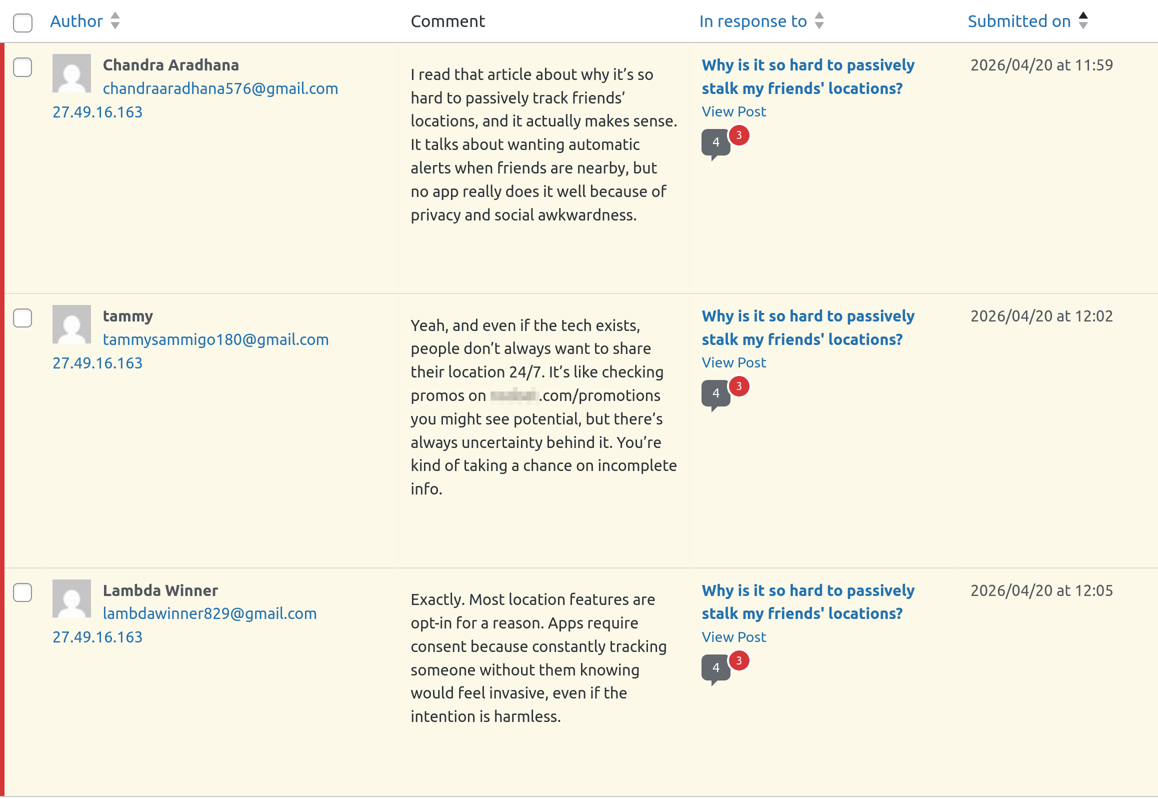First "I read that article about why it’s so hard to passively track friends’ locations, and it actually makes sense. It talks about wanting automatic alerts when friends are nearby, but no app really does it well because of privacy and social awkwardness." Second "Yeah, and even if the tech exists, people don’t always want to share their location 24/7. It’s like checking promos on spam domain promotions you might see potential, but there’s always uncertainty behind it. You’re kind of taking a chance on incomplete info." Third "Exactly. Most location features are opt-in for a reason. Apps require consent because constantly tracking someone without them knowing would feel invasive, even if the intention is harmless."