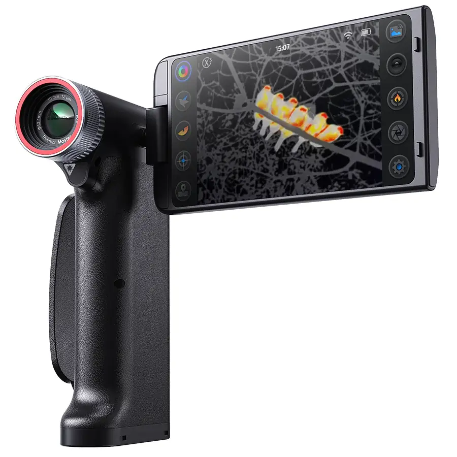 A handheld camera with a pivoted screen.