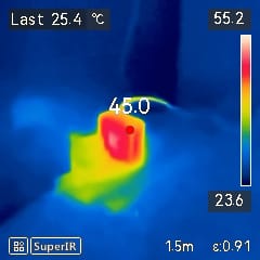 Thermal image showing a hot USB charger.