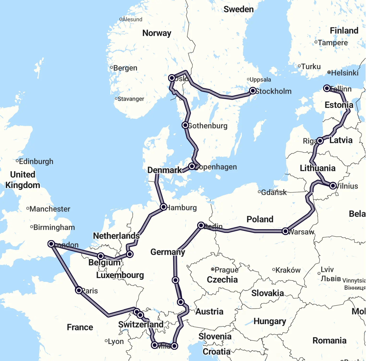 A map of Europe with several countries connected by a black line.