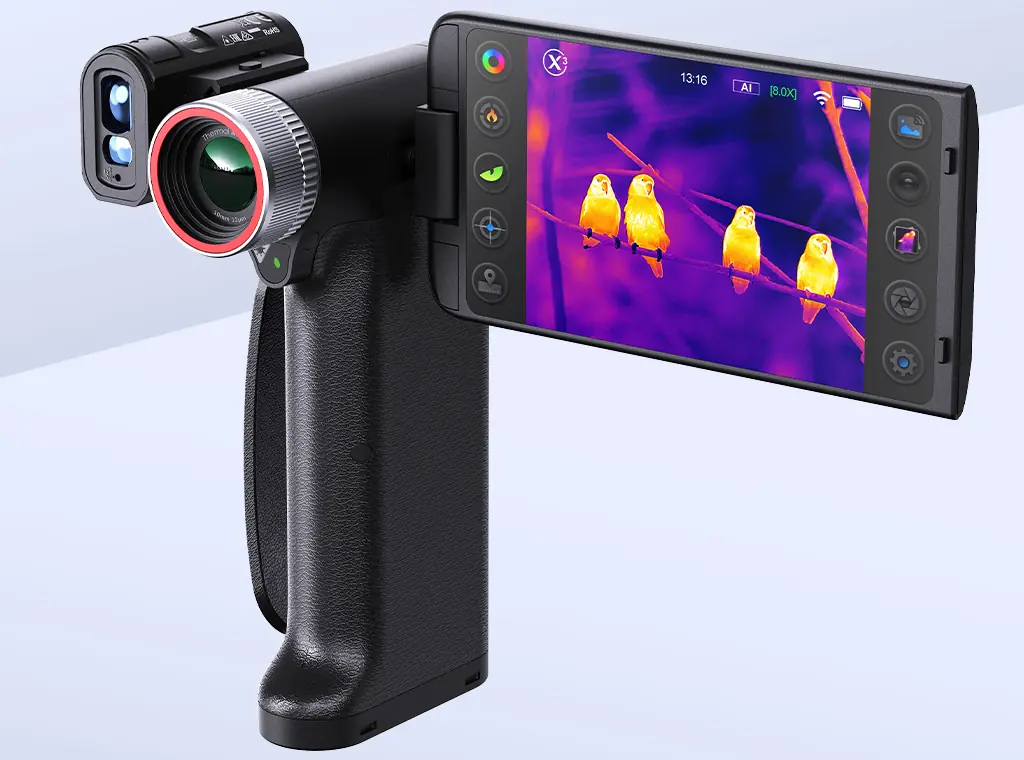 Camera with a range finder attachment.