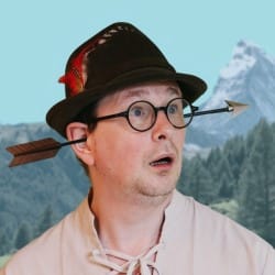 A man with a comedy arrow through his head.