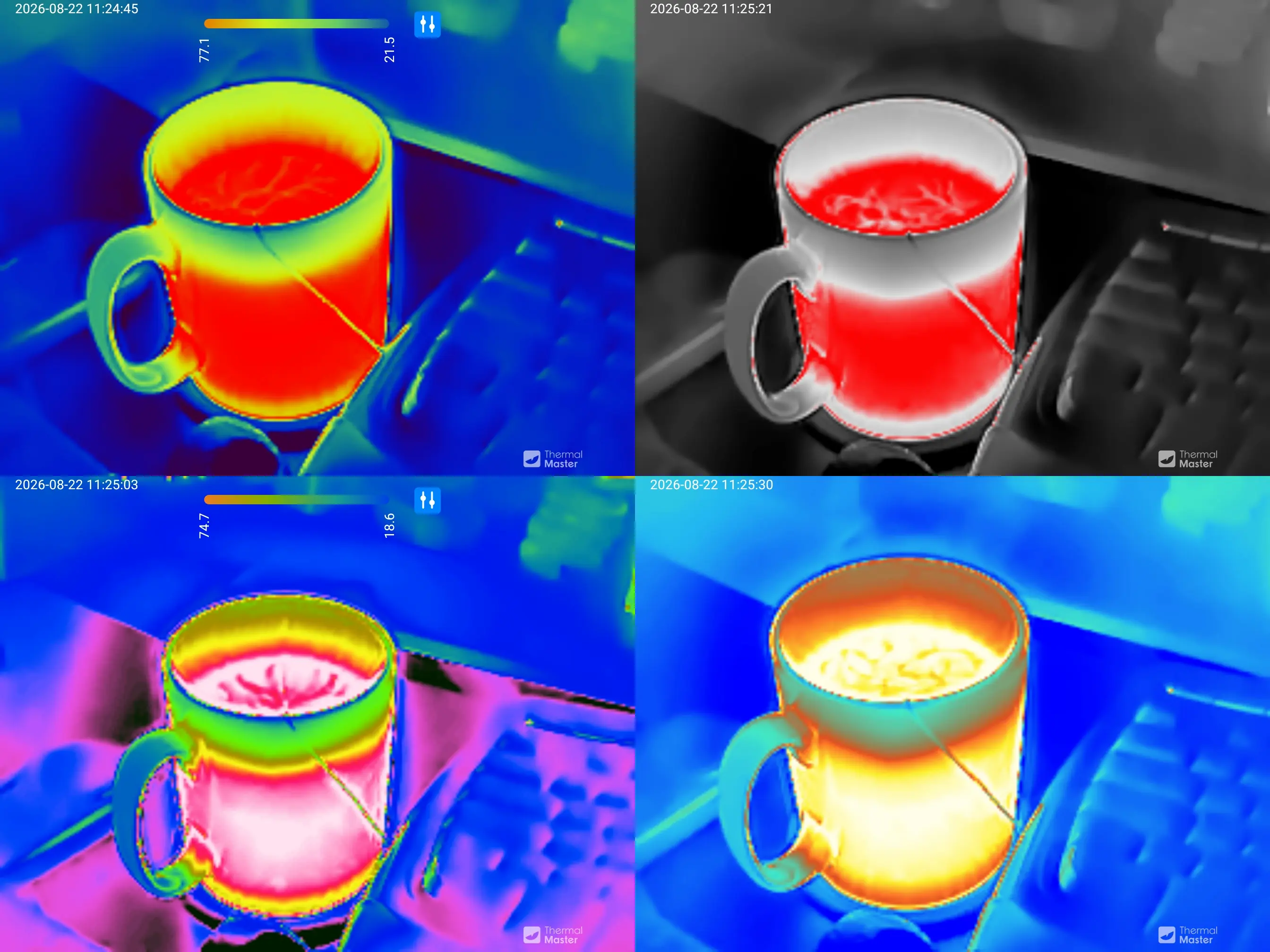 Four photos of a mug. The colours show how hot the tea is.