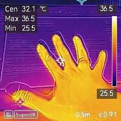 A photo of my hand. The thermal image is slightly offset from the visual image.