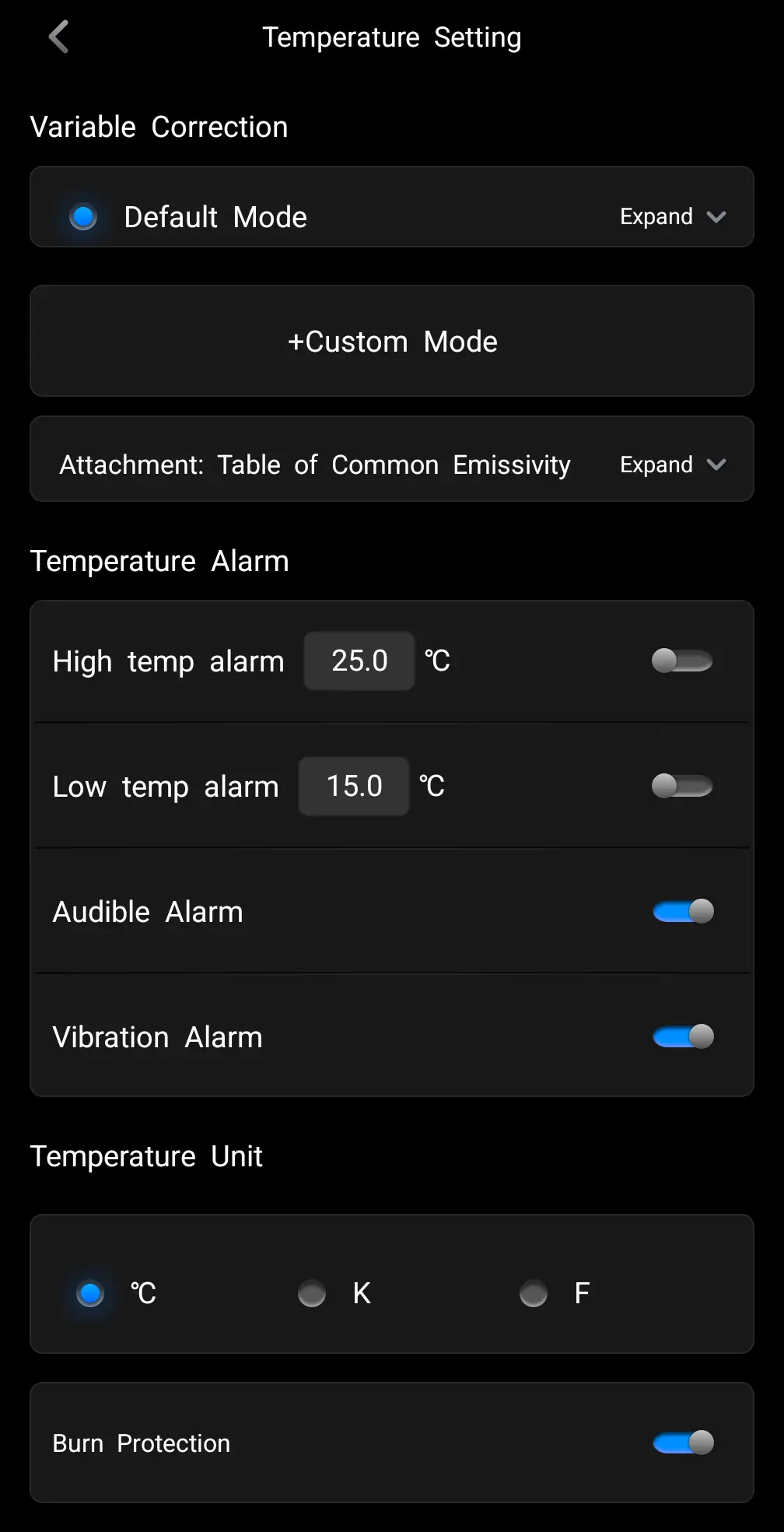 Settings screens with various temperature settings.