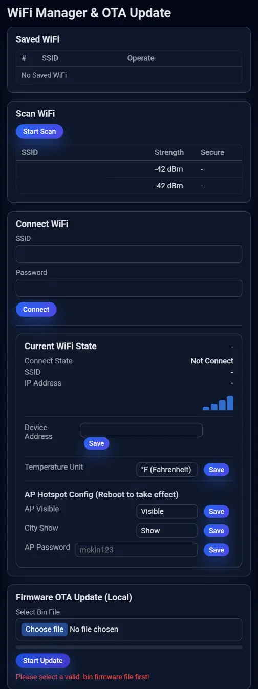 A long settings screen to allow WiFi and set various options.