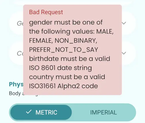 birthday must be a valid ISO 8601 date string country must be a valid ISO31661 Alpha2 code.