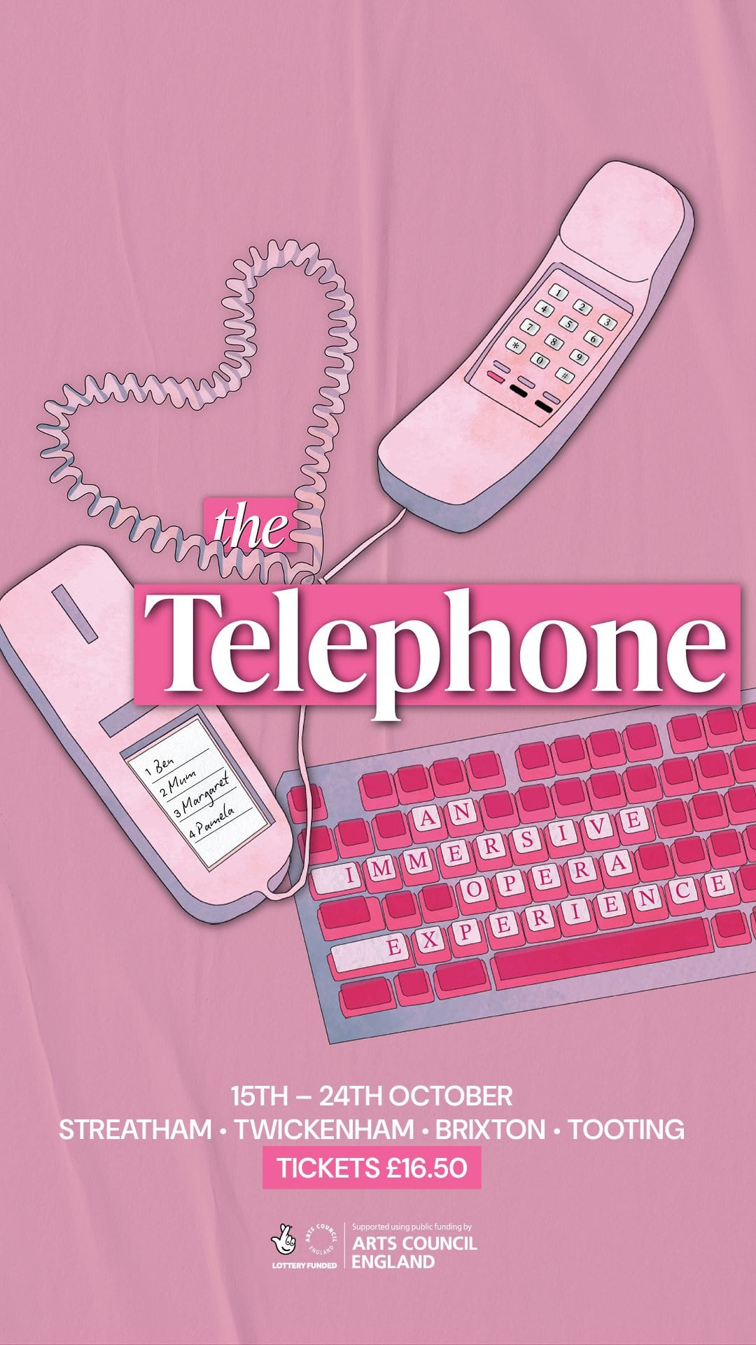 A bright pink poster featuring a telephone.